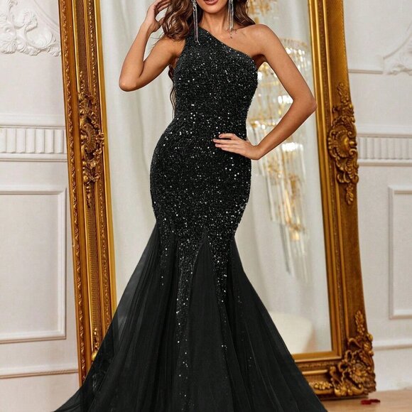 Dresses & Skirts - Black Women's One Shoulder Sequin Formal Prom Evening Gown